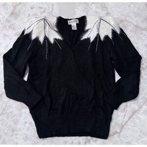 Vintage‎ 80s Women's Kelly Harper Faux Wrap Sweater Beaded Black Shoulder Pads
